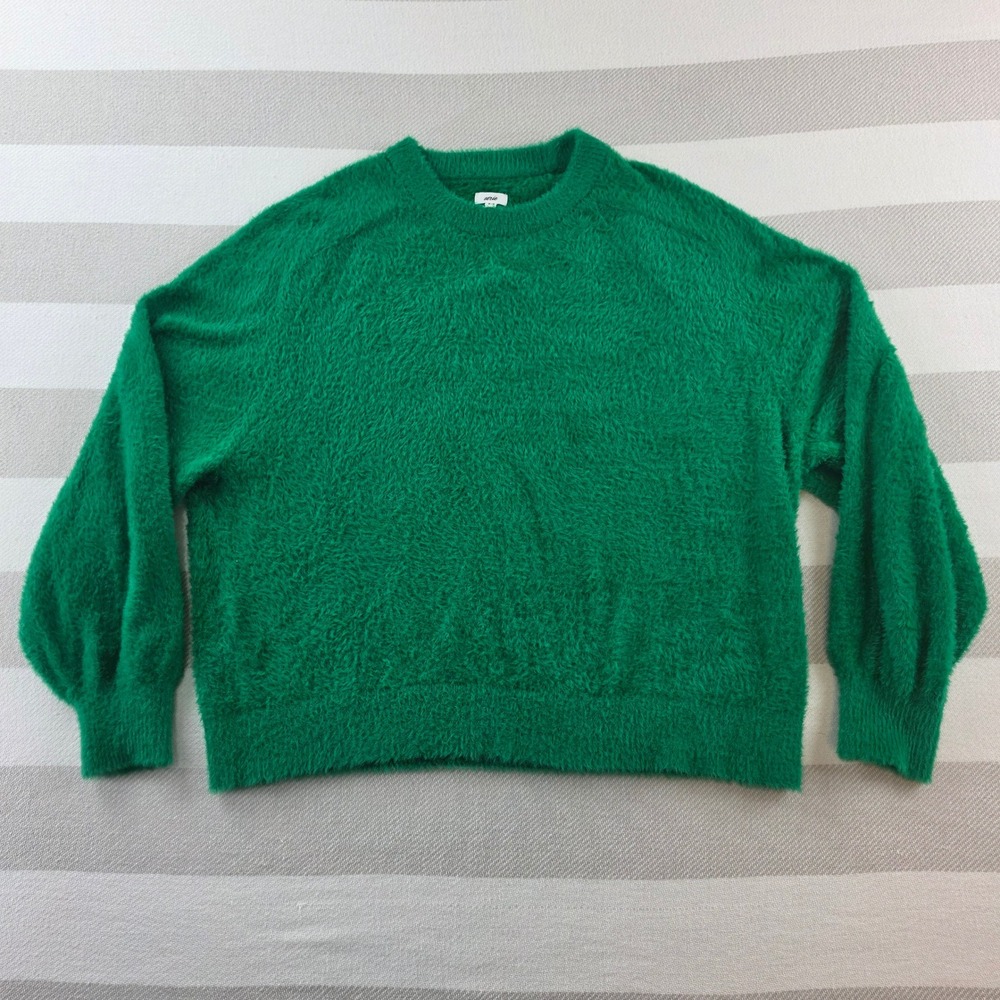 Aerie Eyelash Knit Sweater Womens Medium Green Excellent Fuzzy Crewneck Relaxed